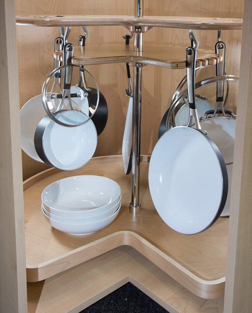 Richelieu Kitchen Solutions NSLSKM28S7 Swiveling 28" Diameter Wood Kidney shape Lazy Susan with 7 Metal Hooks for Pots and Pans