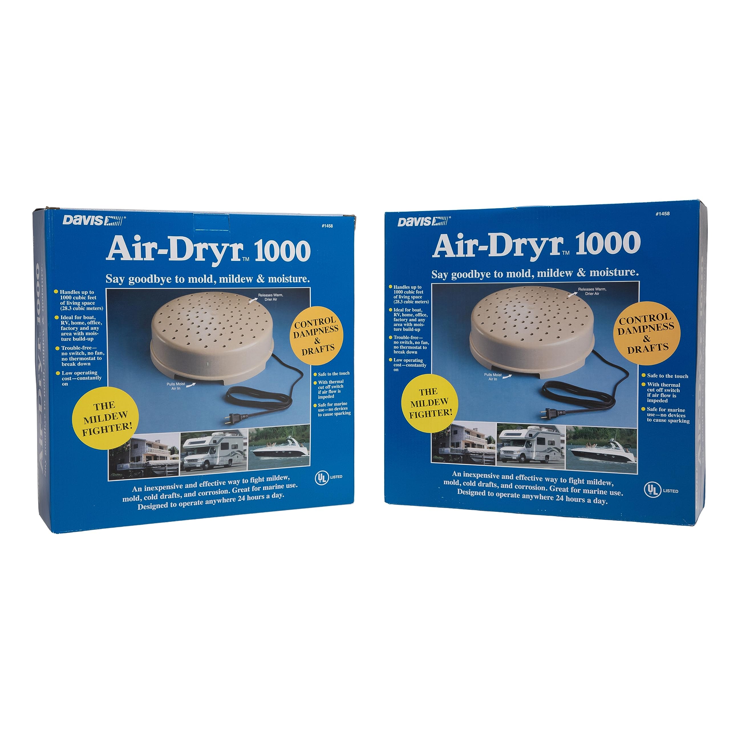 Davis Instruments Air-Dryr 1000 Dehumidifier Bundle (2 Pack) Quiet Boat Dehumidifier for Moisture Problems and Wet Air Solution - Portable Space Heater for RV or Campers - Compact Electric Boat Heater