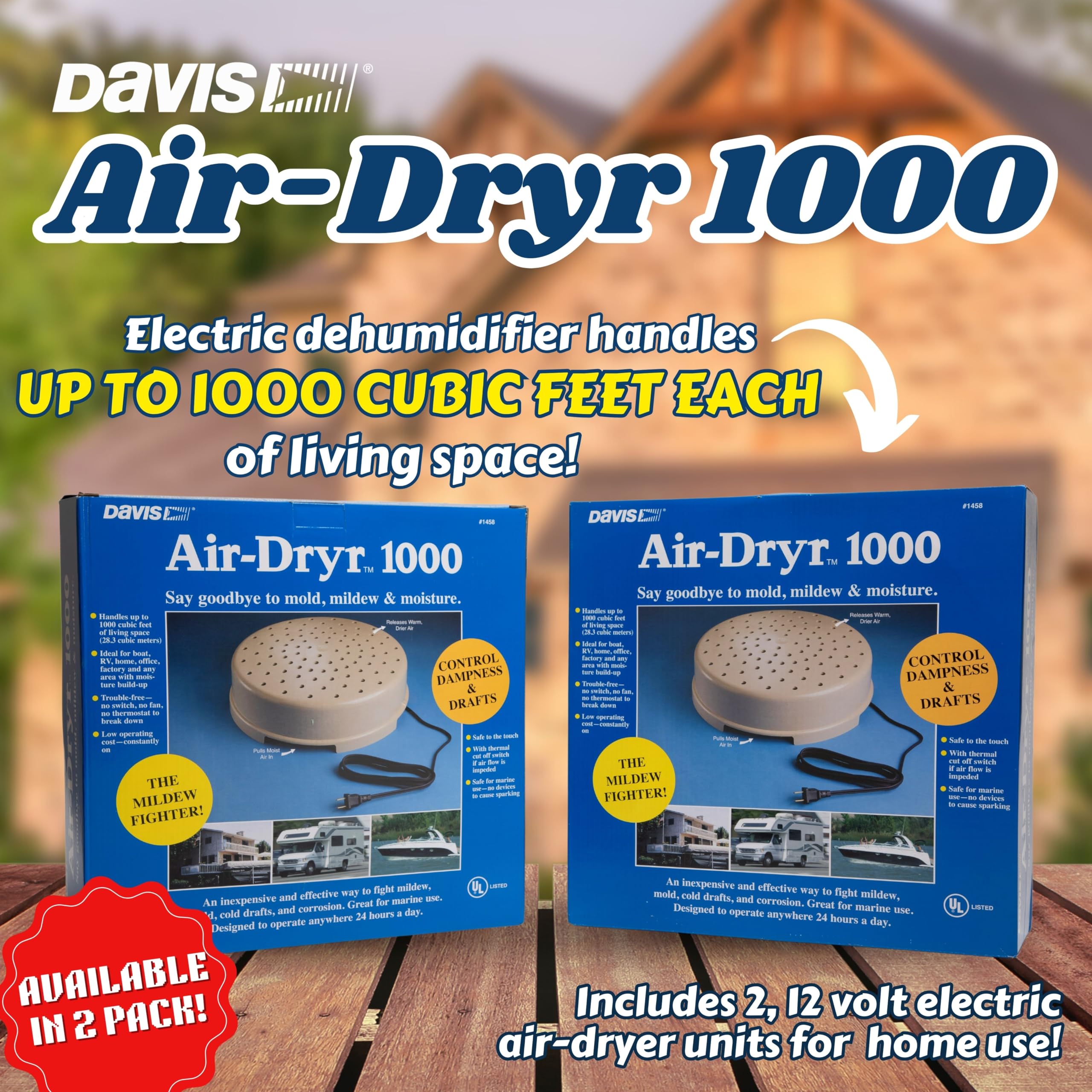 Davis Instruments Air-Dryr 1000 Dehumidifier Bundle (2 Pack) Quiet Boat Dehumidifier for Moisture Problems and Wet Air Solution - Portable Space Heater for RV or Campers - Compact Electric Boat Heater