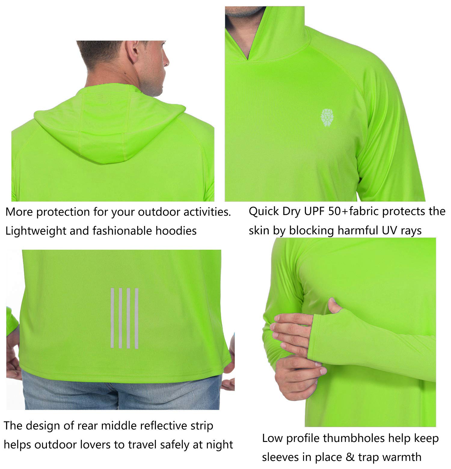 Mens UPF 50+ Sun Protection Hoodies Long Sleeve Performance T-Shirt Neon Green