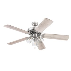 prominence home saybrook, 52 inch indoor farmhouse led ceiling fan with light, pull chain, three mounting options, dual finish blades, reversible motor - 51592-01 (matte nickel)
