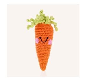 pebble handmade crochet cotton carrot rattle, fair trade, 5.5-inches, machine washable, orange