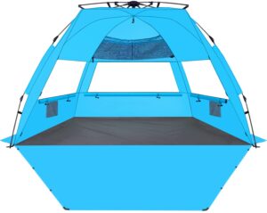 ko-on pop up beach tent for 4 person, easy setup and portable beach shade sun shelter canopy with upf 50+ uv protection, extendable floor with 3 ventilating windows plus carrying bag
