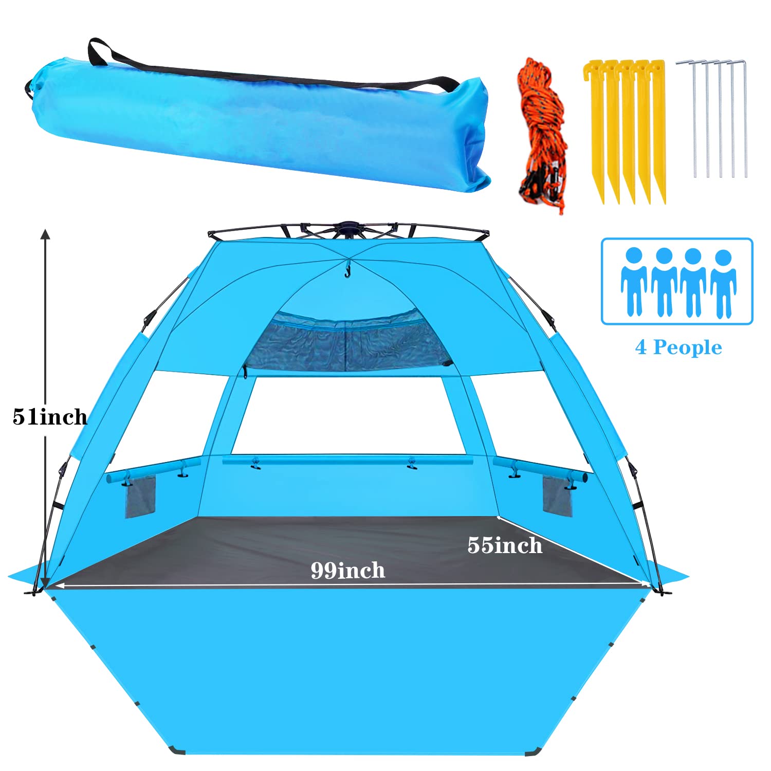 KO-ON Pop Up Beach Tent for 4 Person, Easy Setup and Portable Beach Shade Sun Shelter Canopy with UPF 50+ UV Protection, Extendable Floor with 3 Ventilating Windows Plus Carrying Bag