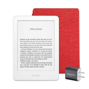 kindle essentials bundle including kindle, now with a built-in front light, white - kindle fabric cover – punch red, and power adapter