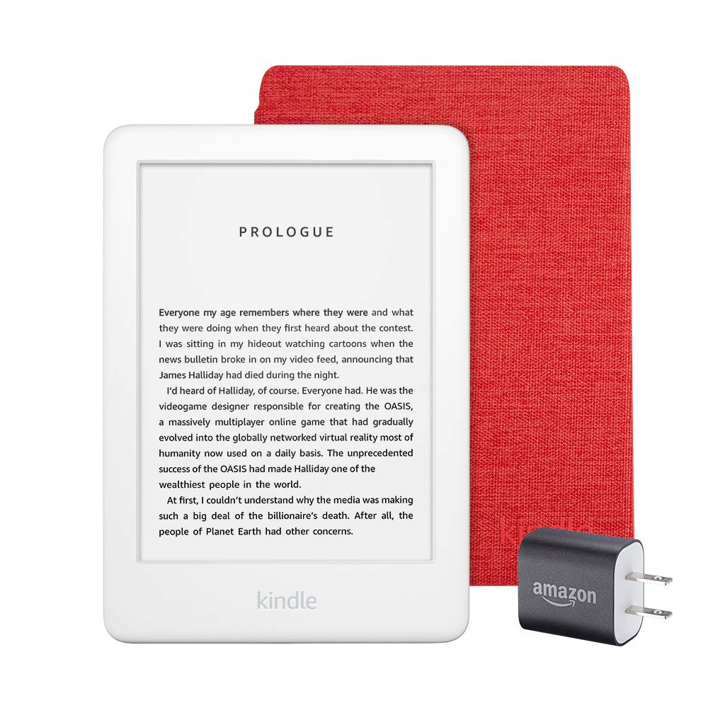 Kindle Essentials Bundle including Kindle, now with a built-in front light, White - Kindle Fabric Cover – Punch Red, and Power Adapter