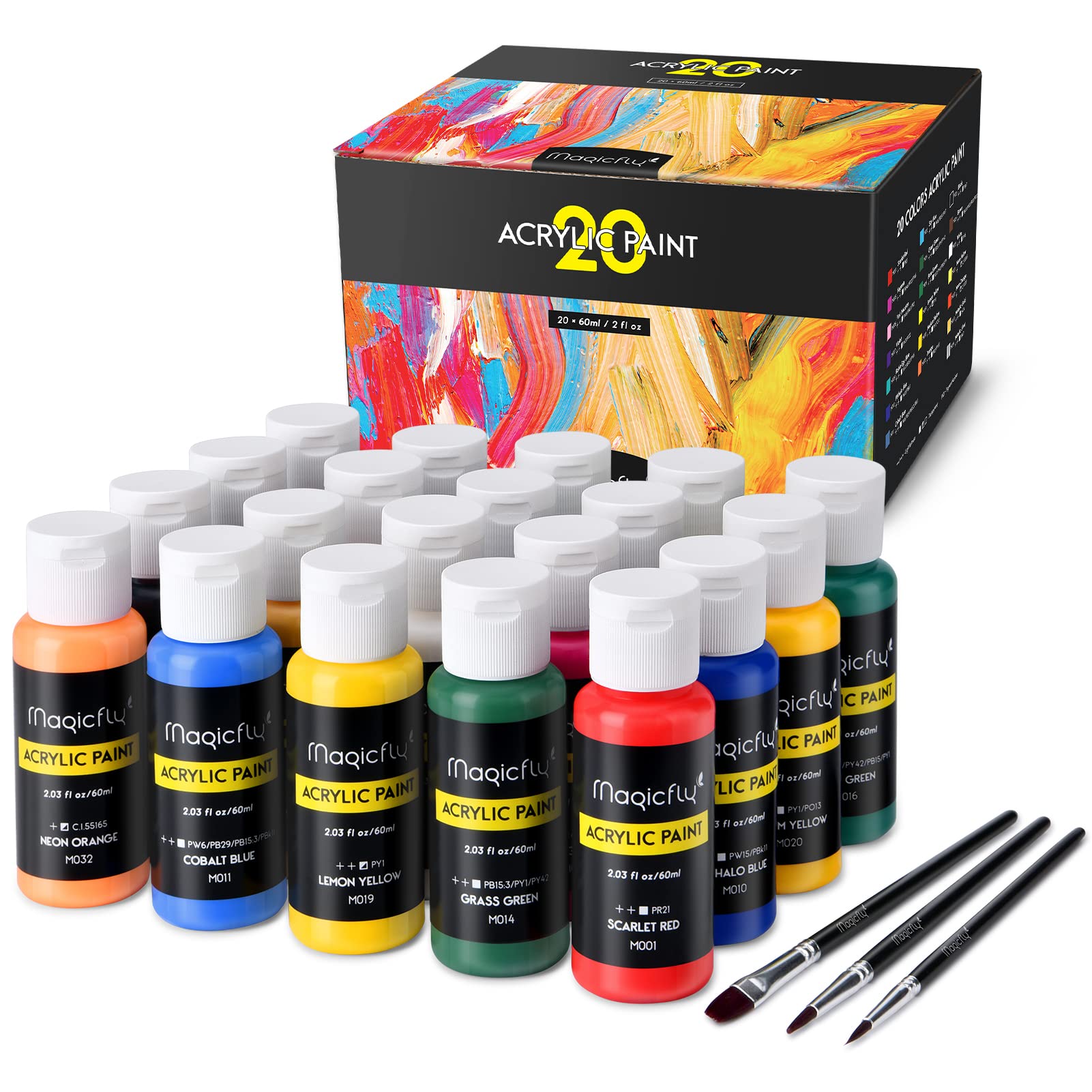 Magicfly Acrylic Paint Set (2fl oz/60ml), 20 Colours Outdoor Acrylic Paint with 3 Paint Brushes, Waterproof, Non-Toxic Craft Paints for Canvas, Wood, Rocks, Fabric, Leather, Ceramic and Model