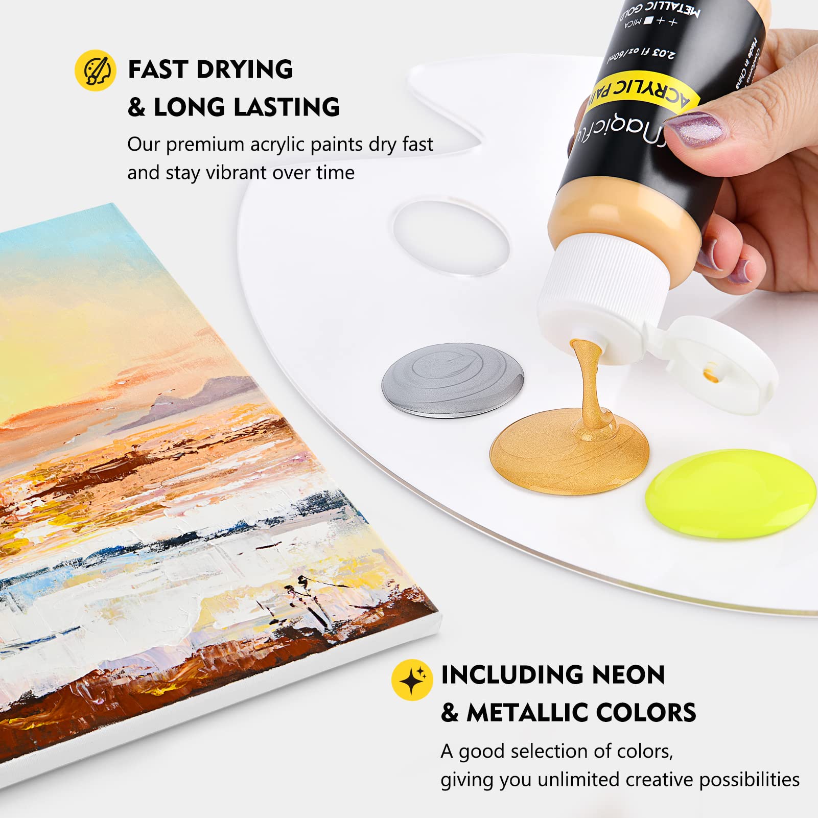 Magicfly Acrylic Paint Set (2fl oz/60ml), 20 Colours Outdoor Acrylic Paint with 3 Paint Brushes, Waterproof, Non-Toxic Craft Paints for Canvas, Wood, Rocks, Fabric, Leather, Ceramic and Model