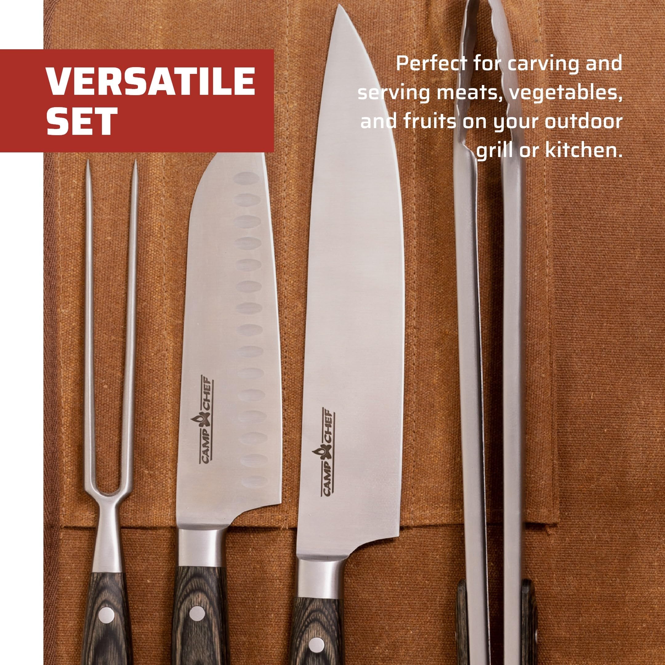 Camp Chef 4-Piece Carving Set - Includes Chef Knife, Santoku Knife, Grill Tongs & Carving Fork - Perfect for Indoor & Outdoor Cooking