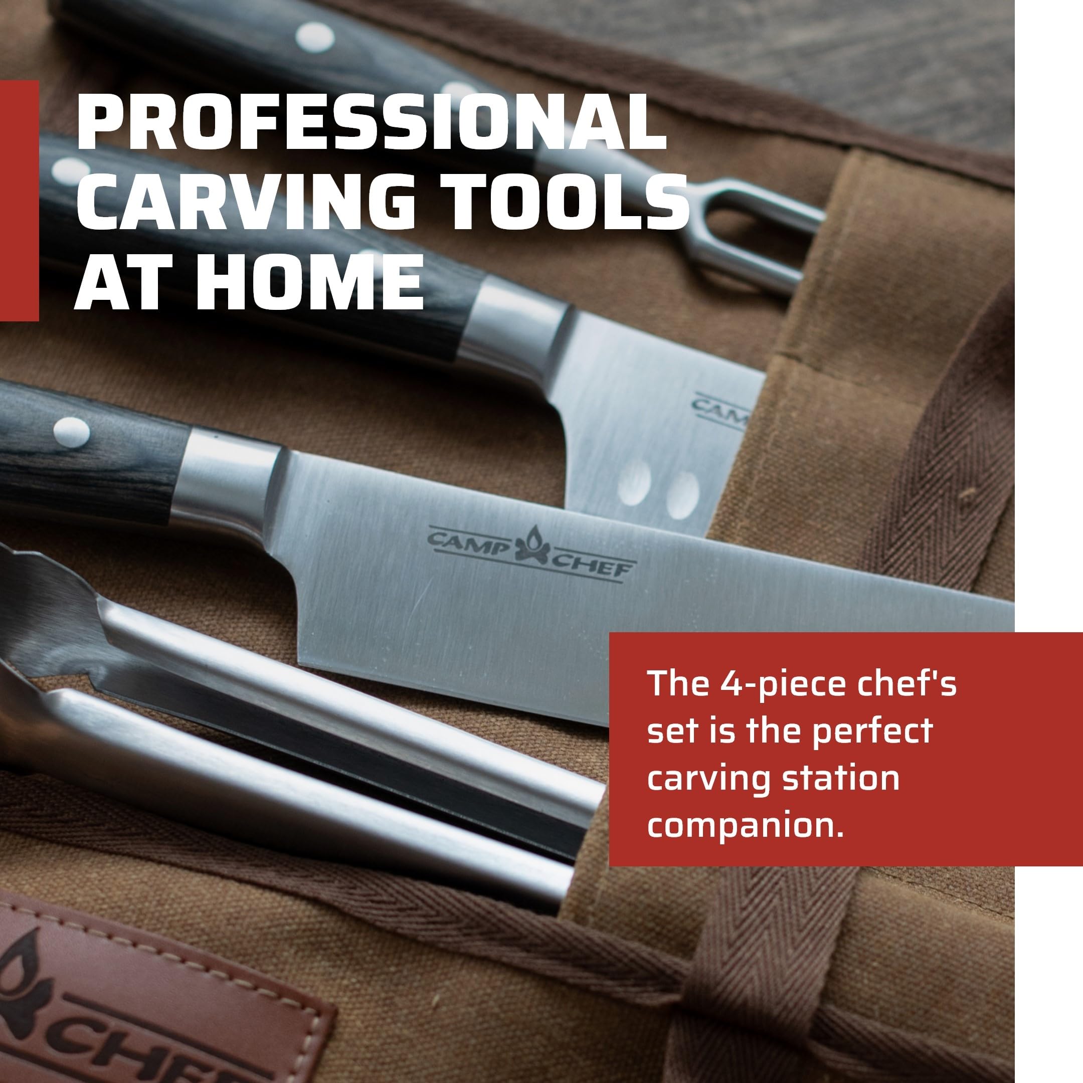 Camp Chef 4-Piece Carving Set - Includes Chef Knife, Santoku Knife, Grill Tongs & Carving Fork - Perfect for Indoor & Outdoor Cooking