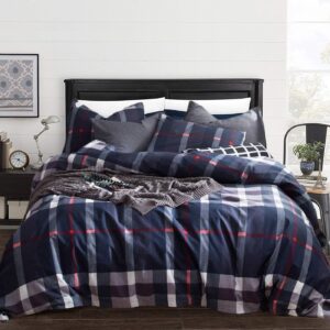 CLOTHKNOW Blue Plaid Comforter Set King 3Pcs Tartan Bedding Comforter Sets Geometric Comforter King Size Soft Blue Grey Red King Size Comforter Set