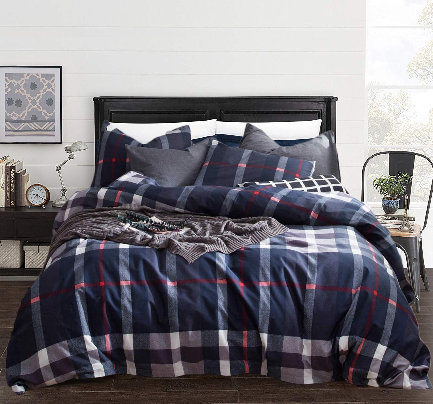 CLOTHKNOW Blue Plaid Comforter Set King 3Pcs Tartan Bedding Comforter Sets Geometric Comforter King Size Soft Blue Grey Red King Size Comforter Set