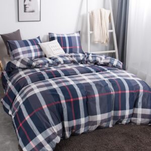 CLOTHKNOW Blue Plaid Comforter Set King 3Pcs Tartan Bedding Comforter Sets Geometric Comforter King Size Soft Blue Grey Red King Size Comforter Set