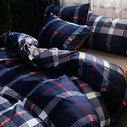 CLOTHKNOW Blue Plaid Comforter Set King 3Pcs Tartan Bedding Comforter Sets Geometric Comforter King Size Soft Blue Grey Red King Size Comforter Set