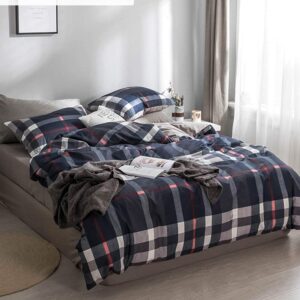 CLOTHKNOW Blue Plaid Comforter Set King 3Pcs Tartan Bedding Comforter Sets Geometric Comforter King Size Soft Blue Grey Red King Size Comforter Set