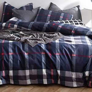 CLOTHKNOW Blue Plaid Comforter Set King 3Pcs Tartan Bedding Comforter Sets Geometric Comforter King Size Soft Blue Grey Red King Size Comforter Set