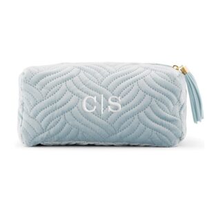 weddingstar small personalized velvet quilted makeup bag for women - spa blue