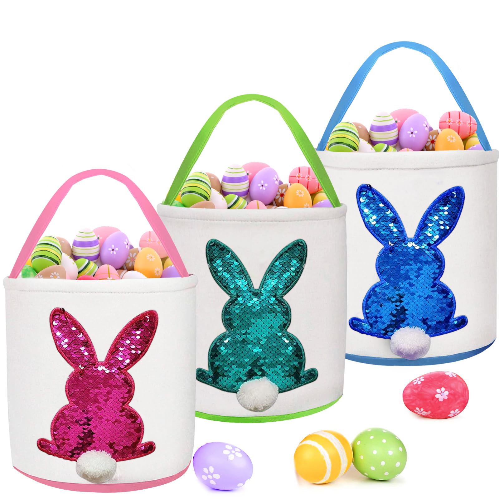 3 Pack Easter Eggs Baskets for Kids,Canvas Personalized Easter Bunny Baskets Bucket Tote Gifts Bags with Rabbit Fluffy Tail for Girls Boys Easter Eggs Hunt Easter Party Favors Decorations Toy