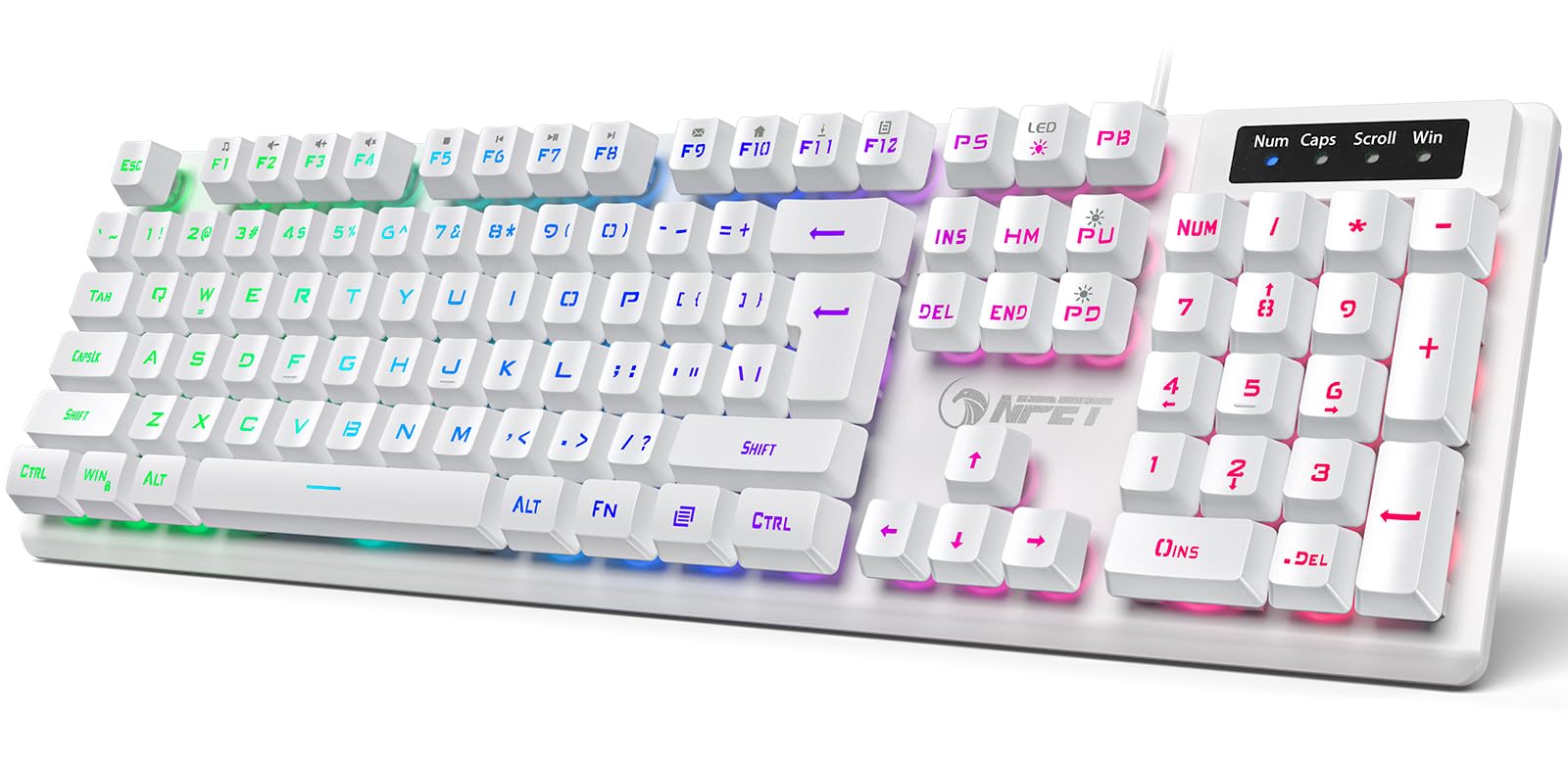 NPET K10 Wired Gaming Keyboard, RGB Backlit, Spill-Resistant Design, Multimedia Keys, Quiet Silent USB Membrane Keyboard for Desktop, Computer, PC (White)