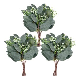 whonline 20pcs artificial eucalyptus leaves stems with white seeds short silver dollar artificial flowers for decoration greenery stems plants for flower arrangement wedding bouquets decor
