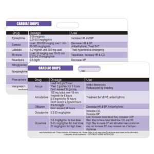 cardiac drips reference horizontal badge card - excellent resource for nurses, nursing clinicals, and rn students - great nursing school supplies and accessories