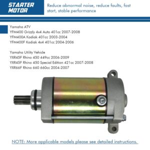 Starter Motor Replacement for Yamaha UTV Rhino 450 660 ATV Grizzly 450 660 Kodiak 400 450 Wolverine 450 with 9 Tooth 12V Starter Motor OE Replace # 4WV-81800-00-00, 4WV-81890-00-00, 5KM-81890-00-00