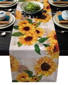 greeeen linen burlap table runner, sunflower kitchen table runners for family dinner, banquet, parties and celebrations, rustic sunflowers table decor, 13 x 90 inch