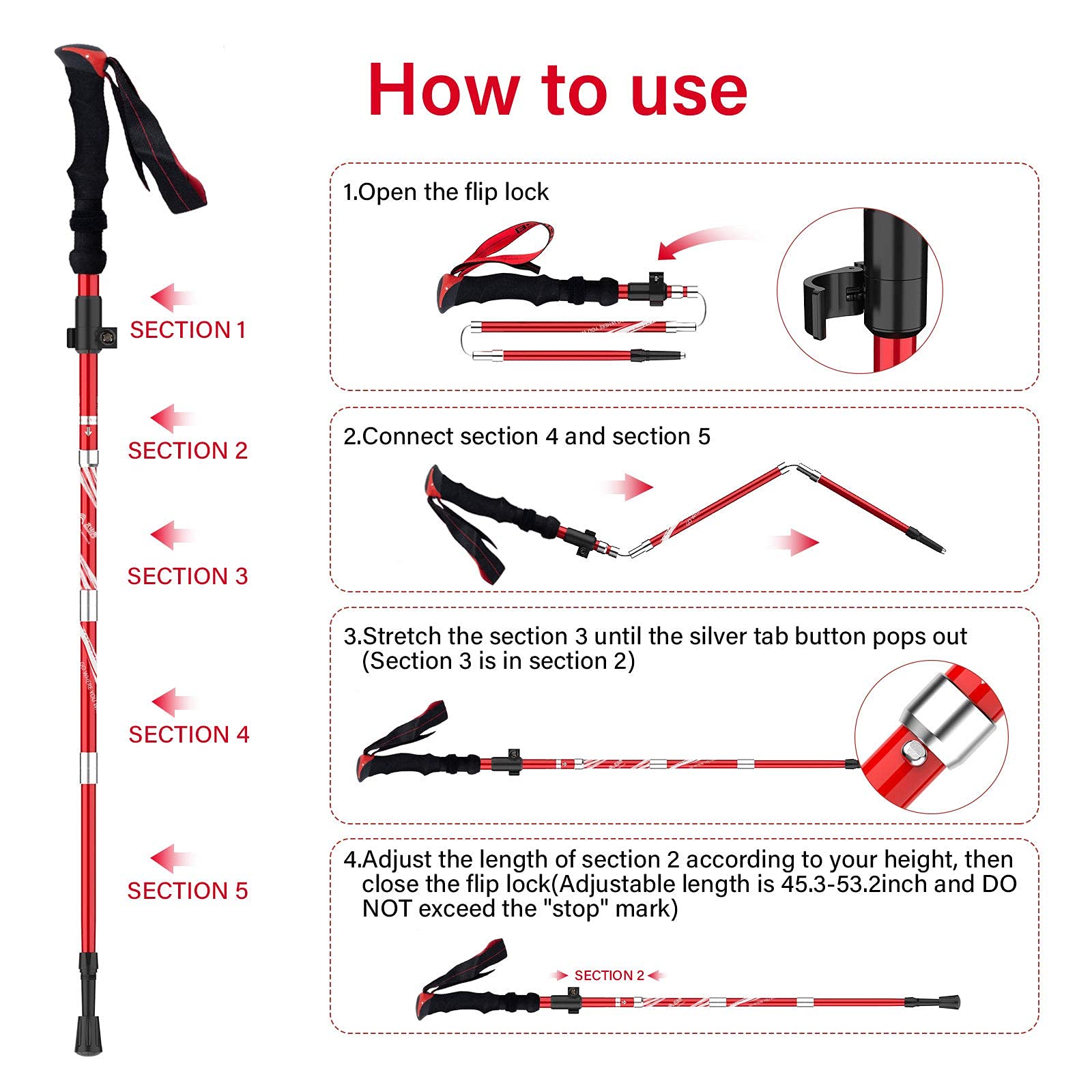 BISINNA Collapsible Trekking Hiking Poles- 2 Pack Folding Aluminum Walking Sticks with Quick Lock System 4 Season Accessories,Telescopic, Adjustable, Lightweight for Men Women