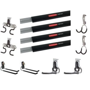 rubbermaid 4 fasttrack 48-inch wall mounted garage storage rails and versatile hook assortment bundle pack for tool organization
