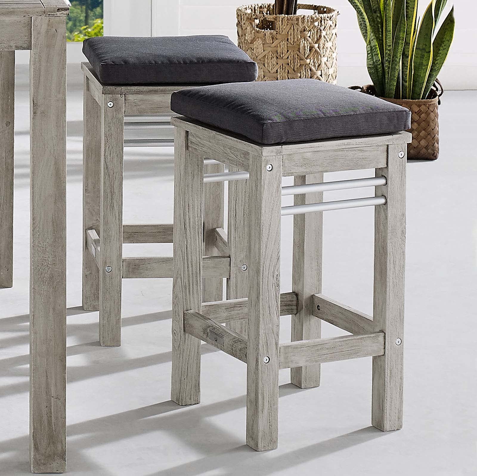 Modway EEI-3969-LGR-STE Wiscasset Outdoor Patio Acacia Wood Bar Stool Set of 2, Light Gray