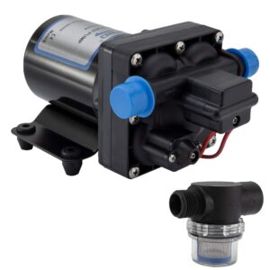 recpro rv 4 chamber water pump | quiet running | 12v dc | 45 psi | 8.0amp | self priming (with strainer, no silencer)