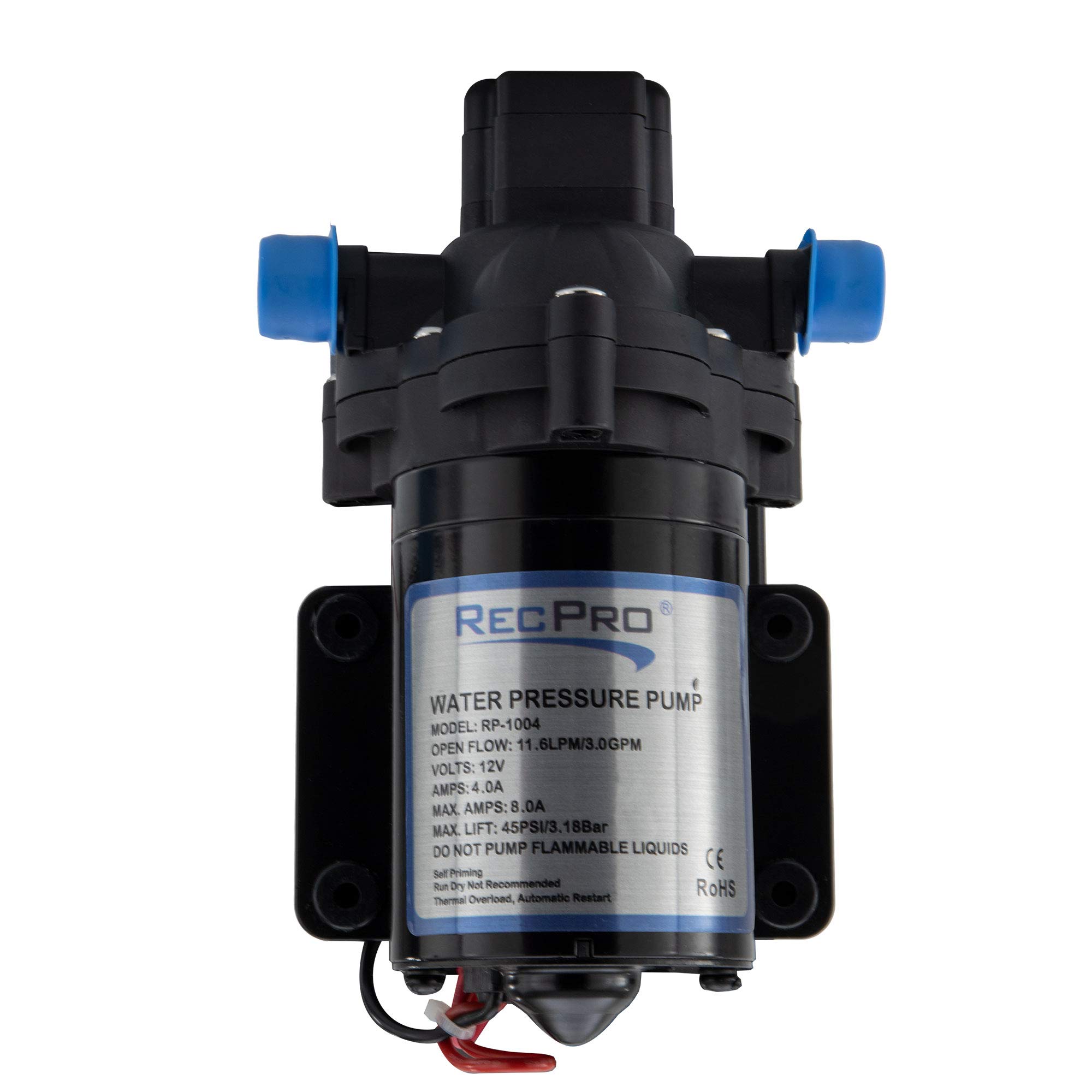 RecPro RV Water Pump | 12V Electric 3 Chamber with Pressure Switch | 45 PSI Max Draw 8.0AMP GPM/LPM 3.0/11.6 | Self Priming (With Strainer, With Silencer)