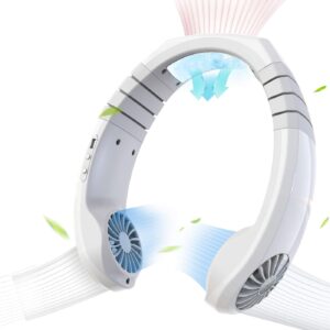 tinyouth personal neck fans, hands free neckband fan usb rechargable 2x1800mah, sports fan around neck fan with 3 wind speeds, 45° rotation neckband for gym office reading outdoor activities, white