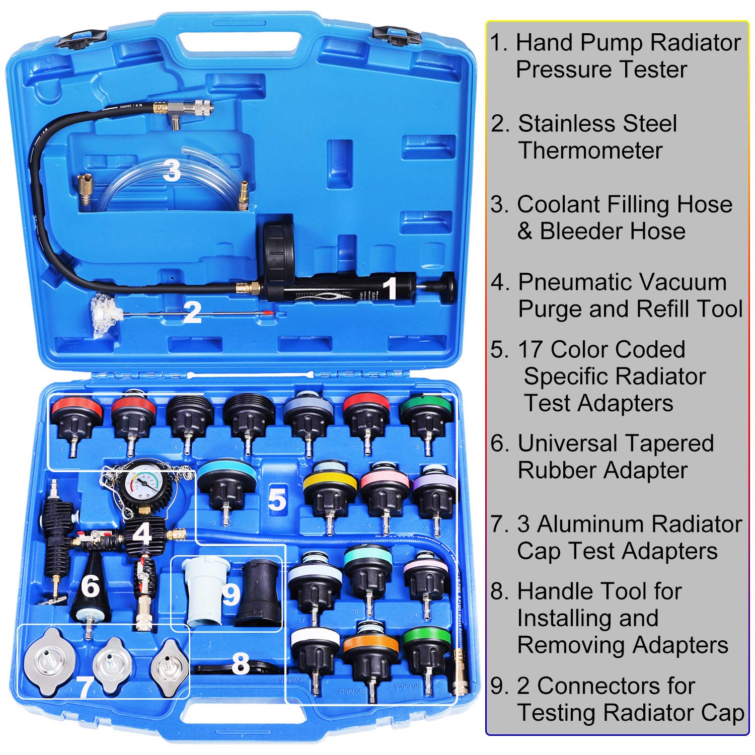 JIFETOR Radiator Coolant Pressure Tester Vacuum Refill Tool Kit, 28PCS Automotive Cooling System Leak Test and Pneumatic Purge Fill Set with Testing Adapter Caps Universal for Airlift Car Auto Truck