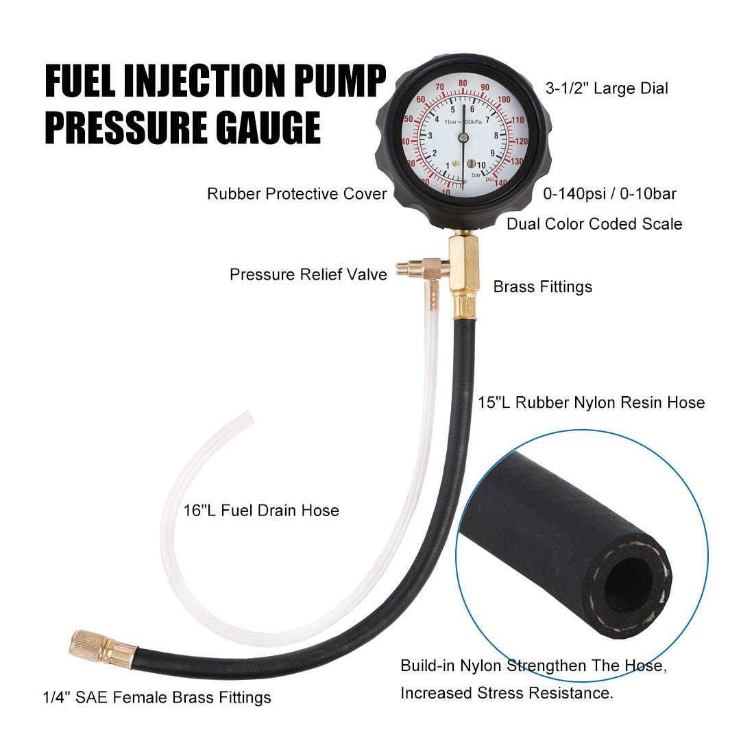 JIFETOR Fuel Injection Pump Pressure Tester Gauge Kit, Car Gasoline Gas Fuel Oil Injector Test Manometer Tool Set 0-140PSI, Universal for Auto Truck SUV Motorcycle ATV RV