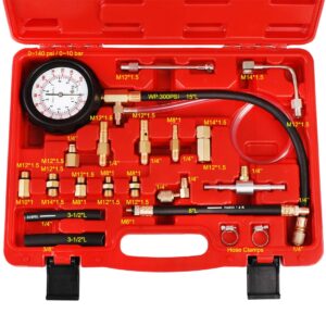 JIFETOR Fuel Injection Pump Pressure Tester Gauge Kit, Car Gasoline Gas Fuel Oil Injector Test Manometer Tool Set 0-140PSI, Universal for Auto Truck SUV Motorcycle ATV RV