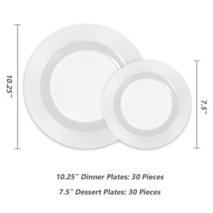 Plastic Plates Disposable 60 PCS, Heavy Duty 30 Dinner Plates 10.25" and 30 Dessert Plates 7.5", White Plates for Party