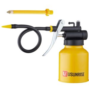 multipurpose metal oil can,oil can pump oiler with 2 spout for all lubrication need of car, bikes and machines -8 oz.yellow oil can capacity