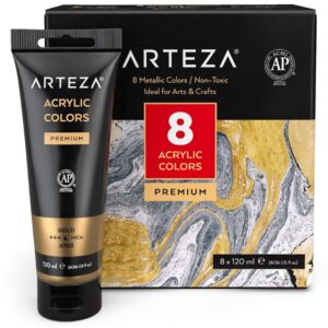 arteza metallic acrylic paint, 8 metallic colors in 4.06 ounce tubes, non toxic artist paints for hobby painters, art supplies for canvas painting