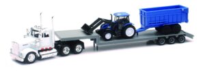 new-ray kenworth lowboy trailer with new holland construction tractor play set