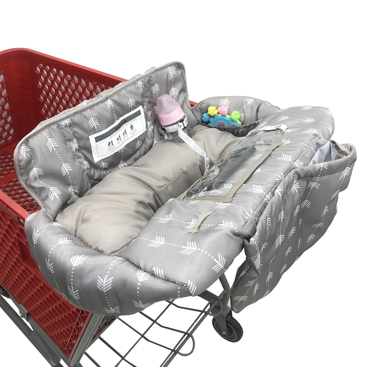 Soft Pillow Attached Waterproof 2-in-1 Baby Grocery Cart Seat Cover and High Chair Cover (Grey Arrow)