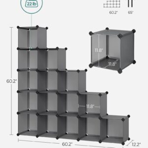 SONGMICS Cube Storage Organizer, Set of 16 Plastic Cubes, Book Shelf, Closet Organizers and Storage, Room Organization, Bedroom Living Room, 12.2 x 48.4 x 48.4 Inches, Gray ULPC442G01