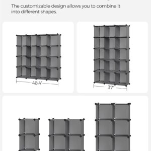 SONGMICS Cube Storage Organizer, Set of 16 Plastic Cubes, Book Shelf, Closet Organizers and Storage, Room Organization, Bedroom Living Room, 12.2 x 48.4 x 48.4 Inches, Gray ULPC442G01