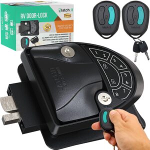 rv keyless entry door lock | latch.it rv door lock keyless entry | all metal keyless rv door lock | keyless locks w/ 2 fobs | sealed electricals unlike competition! | only fits 2.75" x 3.75" lock hole