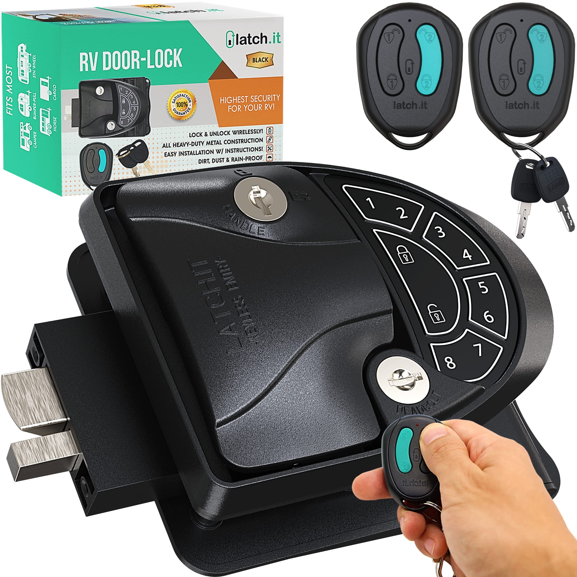 RV Keyless Entry Door Lock | LATCH.IT RV Door Lock Keyless Entry | All Metal Keyless RV Door Lock | Keyless Locks w/ 2 Fobs | Sealed Electricals Unlike Competition! | Only Fits 2.75" x 3.75" Lock Hole