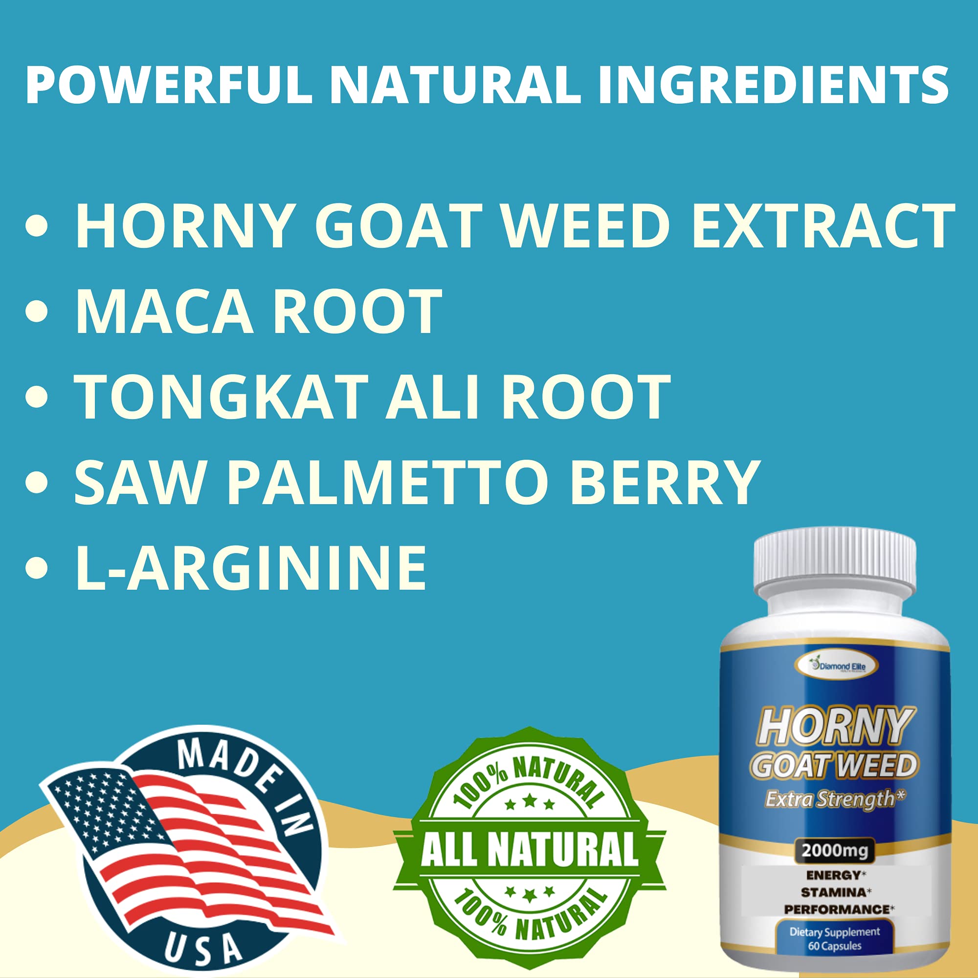 Diamond Elite Health Products Extra Strength Horny Goat Weed Extract - Energy, Performance, & Stamina Booster- with Maca, L-Arginine, Tongkat Ali for Men & Women - 60 Capsules