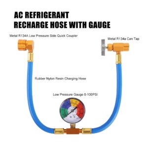 JIFETOR AC Charge Hose with Gauge, Car R134A Refrigerant Recharge Kit, Auto Air Conditioning U Charging Hose Low Pressure Measuring Meter with 1/2 inch Can Tap and R134A Quick Coupler, 100PSI