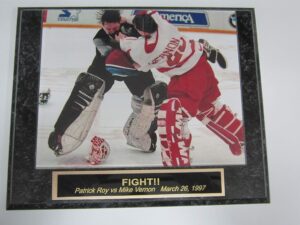 patrick roy mike vernon goalie fight nhl 8x10 photo mounted on a custom engraved plaque