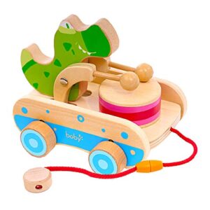 Wooden Baby Toys Car, Crocodile Beating Drum Pull Along Toddler Toy,Developmental Toy for 1 Year Old Girl Boy Birthday Gift