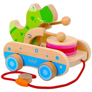 Wooden Baby Toys Car, Crocodile Beating Drum Pull Along Toddler Toy,Developmental Toy for 1 Year Old Girl Boy Birthday Gift